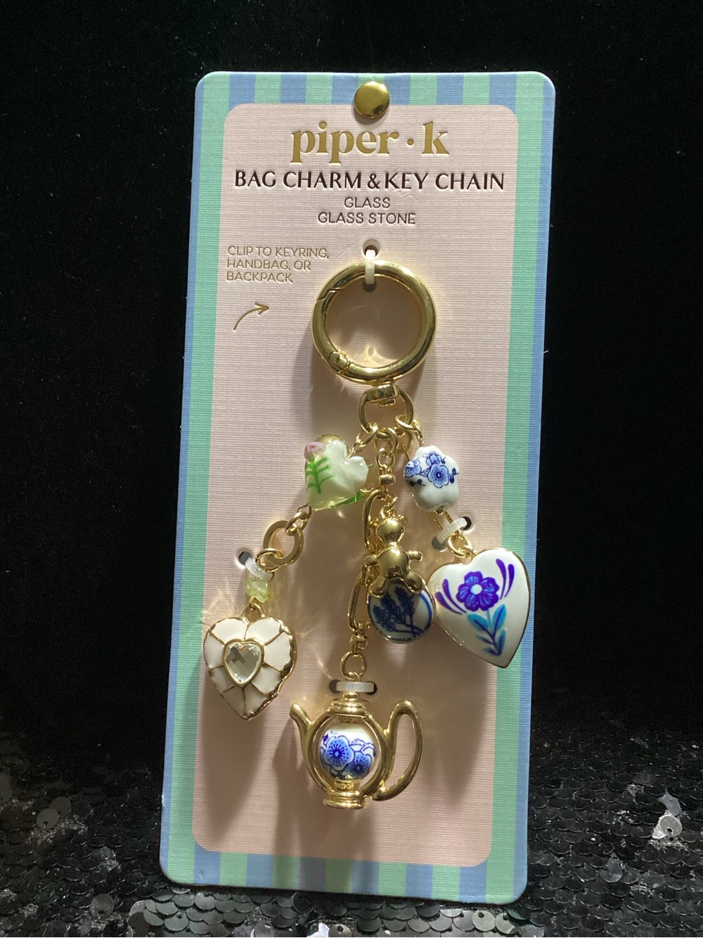 piper·k Gold Floral Heart & Teapot Key Chain - White/Blue